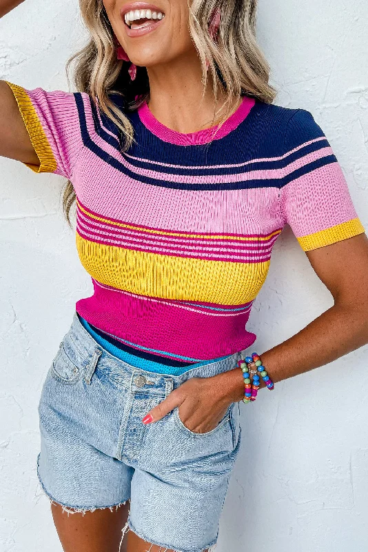 women's tops for picnics in the parkPink Mixed Stripes Ribbed Knit Top