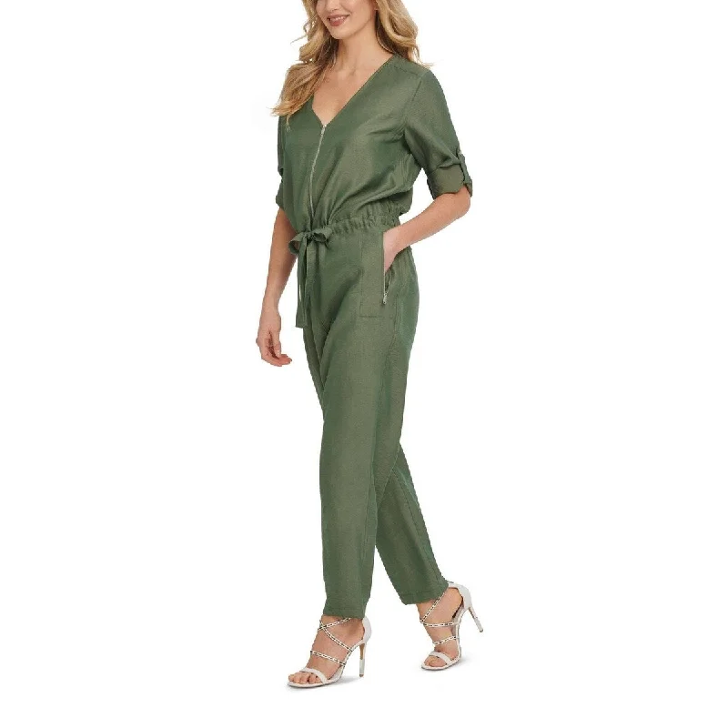 women's jumpsuits with long sleevesDKNY Women's V Neck Adjustable Sleeves Jumpsuit Green Size 2