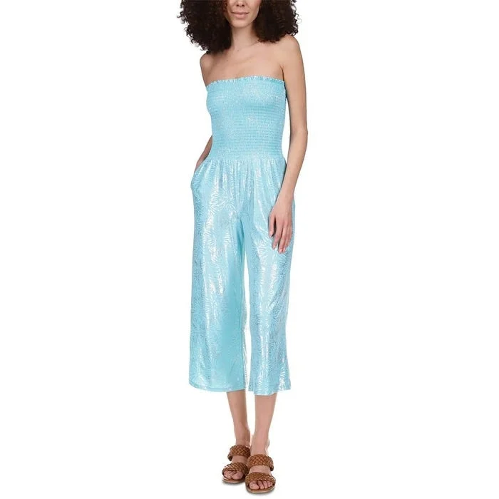 women's jumpsuits for beach outingsMichael Kors Women's Smocked Strapless Jumpsuit Blue