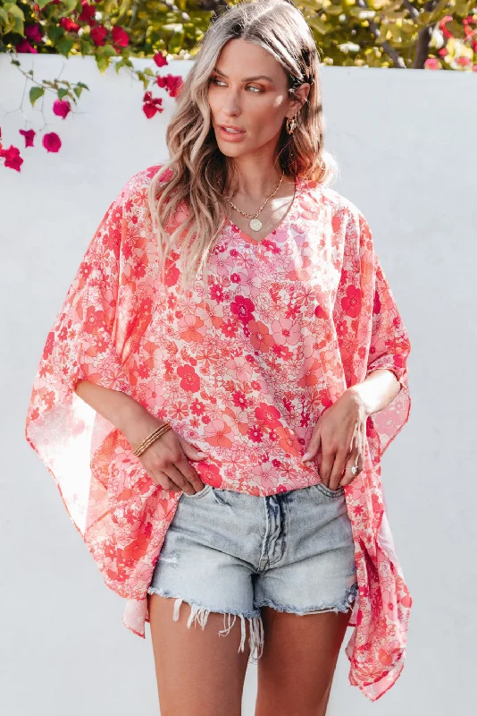 women's tops with sleeveless designsPink Boho Floral V Neck Kimono Style Blouse