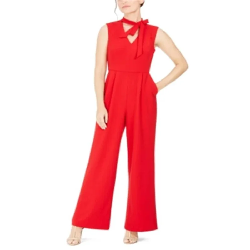 women's jumpsuits with round necksCalvin Klein Women's Sleeveless Tie Neck Jumpsuit Red Size 6