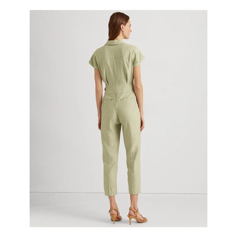 women's jumpsuits made of cottonRalph Lauren Women's Pocketed Drawstring Cuffed Sleeve Round Neck Button Up Cuffed Jumpsuit Green Size 8