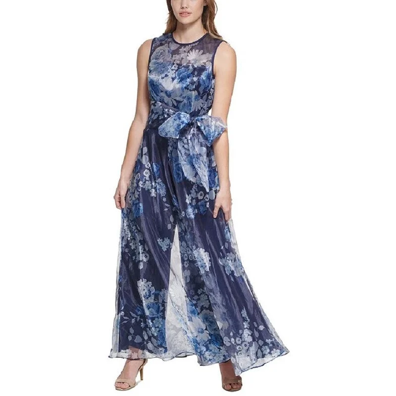 women's jumpsuits with metallic finishesEliza J Women's Floral Print Organza Wide Leg Jumpsuit Blue Size 8