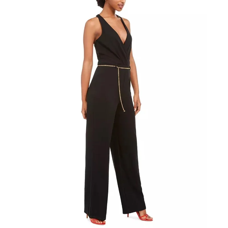 women's jumpsuits with solid colorsAs U Wish Junior's Jumpsuit With Chain Belt Black