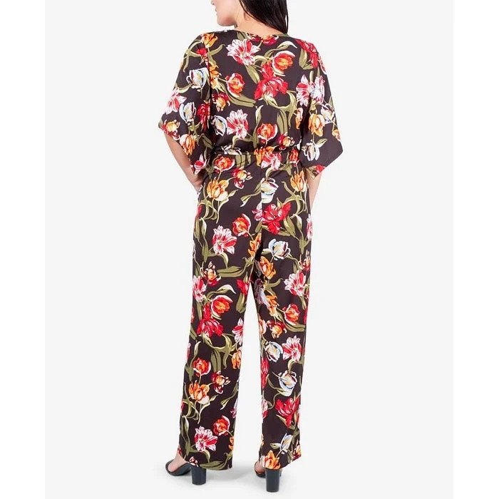 women's jumpsuits with high necksNy Collection Women's Floral Angel Sleeve Jumpsuit Red Size Small