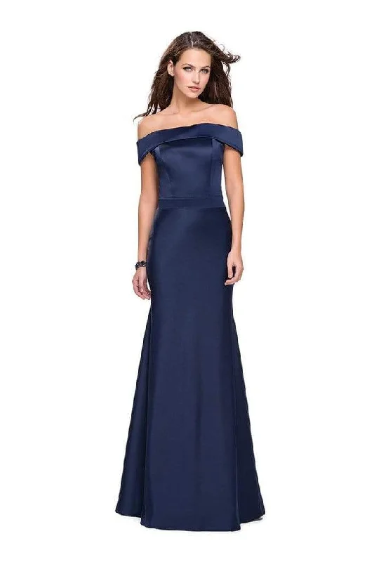 women's mini dressesLa Femme - Folded Off Shoulder Trumpet Evening Dress 25579SC - 1 pc Navy In Size 8 Available