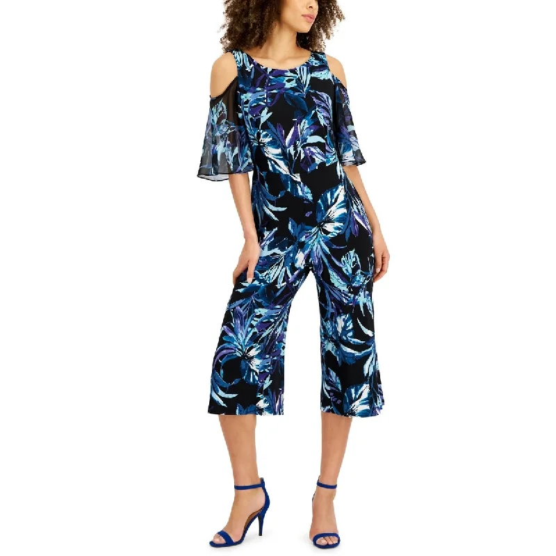 women's jumpsuits with neon colorsConnected Women's Cold houlder Printed Jumpsuit Blue Size 8