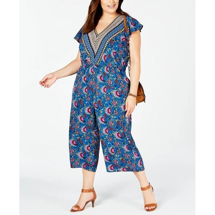 women's jumpsuits with short sleevesLove Squared Women's Floral Sleeveless V Neck Jumpsuit Blue Size 2X