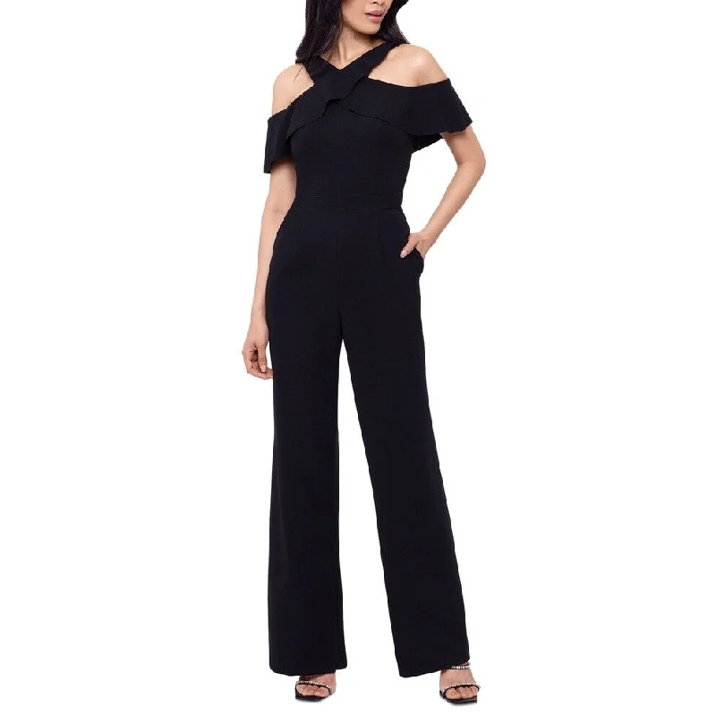 women's jumpsuits made of satinXSCAPE Women's Ruffled Neck Cold Shoulder Jumpsuit Black Size 14