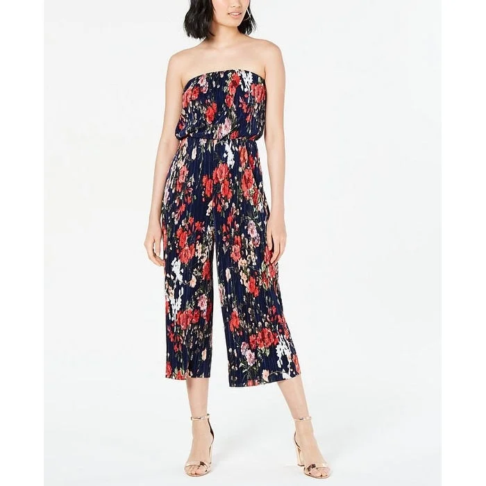 women's jumpsuits with Peter Pan collars19 Cooper Women's Textured Floral Sleeveless Strapless Capri Jumpsuit Blue