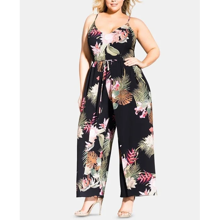 women's jumpsuits for everyday wearCity Chic Women's Zippered Racerback Floral Spaghetti Strap V Neck Cocktail Wide Leg Jumpsuit Black Size 18W