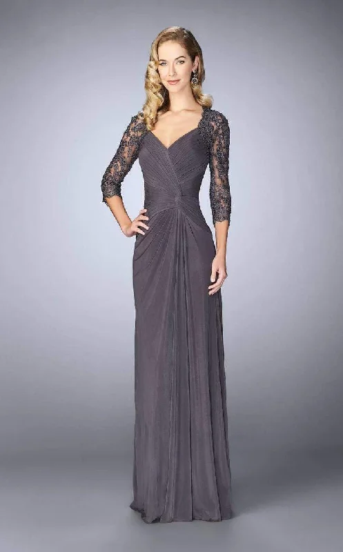 women's mother of the bride dressesLa Femme - Lace Embroidered V-Neck Evening Dress 23244SC