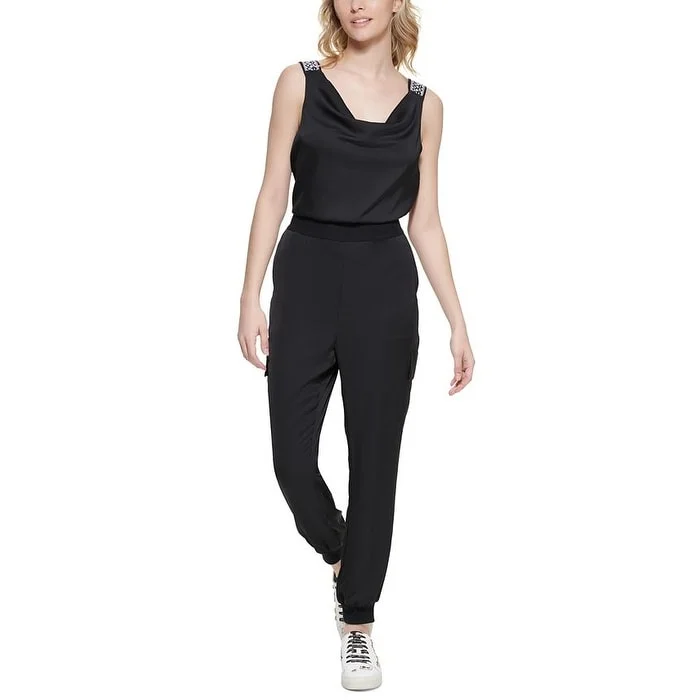 women's jumpsuits for dancingKarl Lagerfeld Paris Women's Logo Strap Cowlneck Sleeveless Jumpsuit Black Size 4