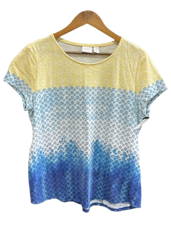 women's T-shirts with button-down frontsBlue & Yellow Top Short Sleeve Basic Chicos, Size L