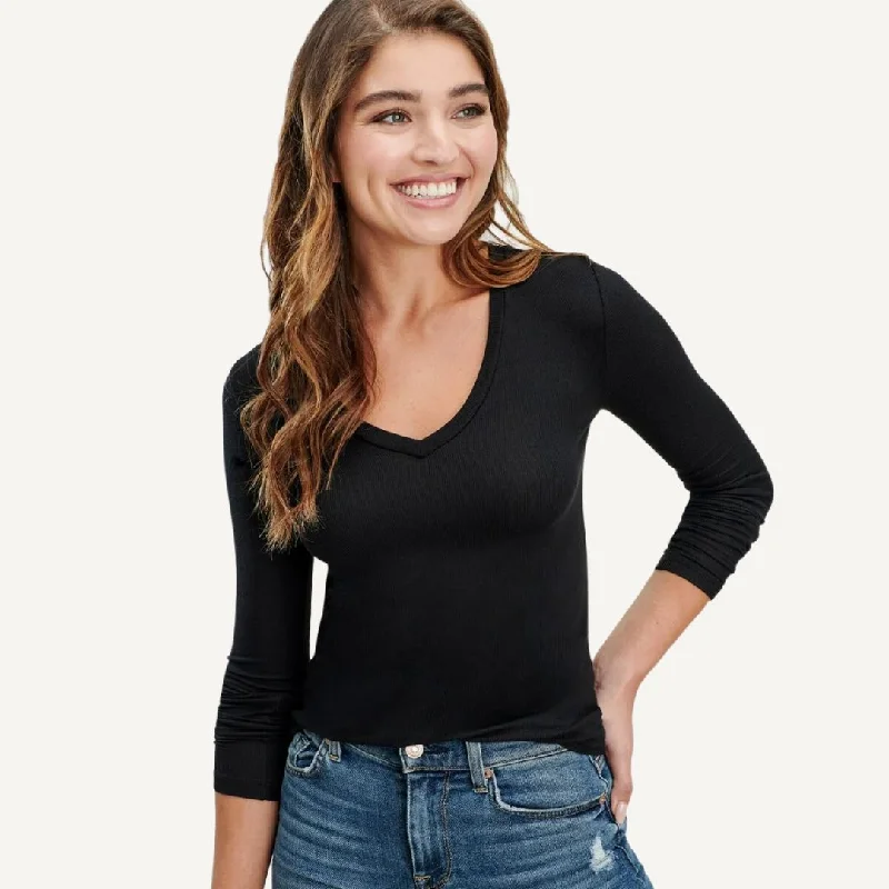 women's tops for boho-chic stylesValley Rib V-Neck (Black)