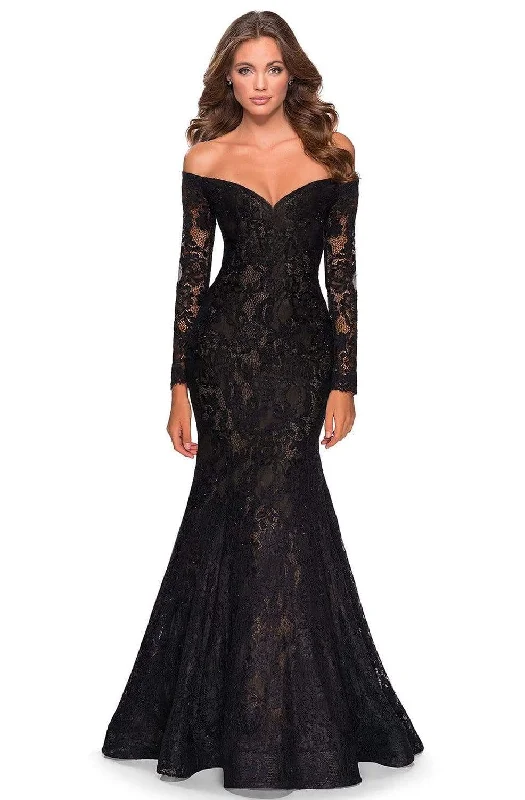 women's bodycon dressesLa Femme - 28569 Beaded Lace Off Shoulder Evening Dress