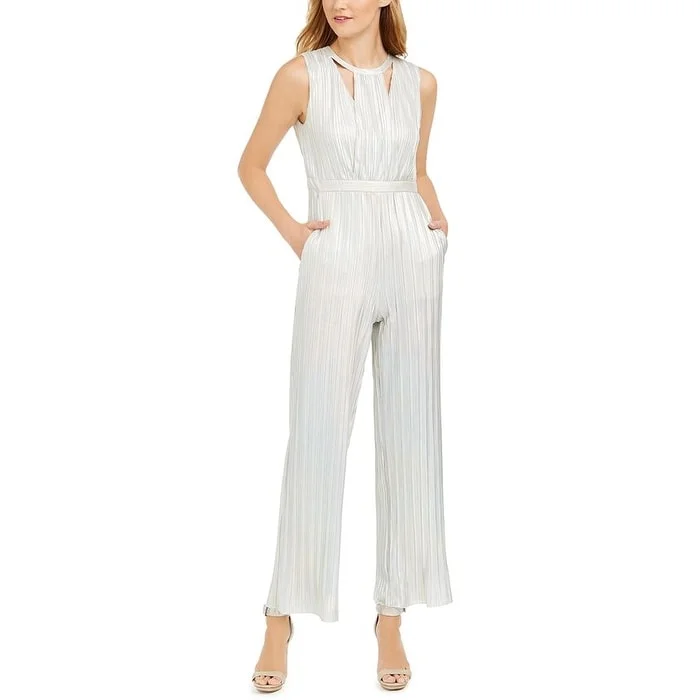 women's jumpsuits for minimalist fashionCalvin Klein Women's Printed Sleeveless Crew Neck Tank Boot Cut Jumpsuit White Size 14