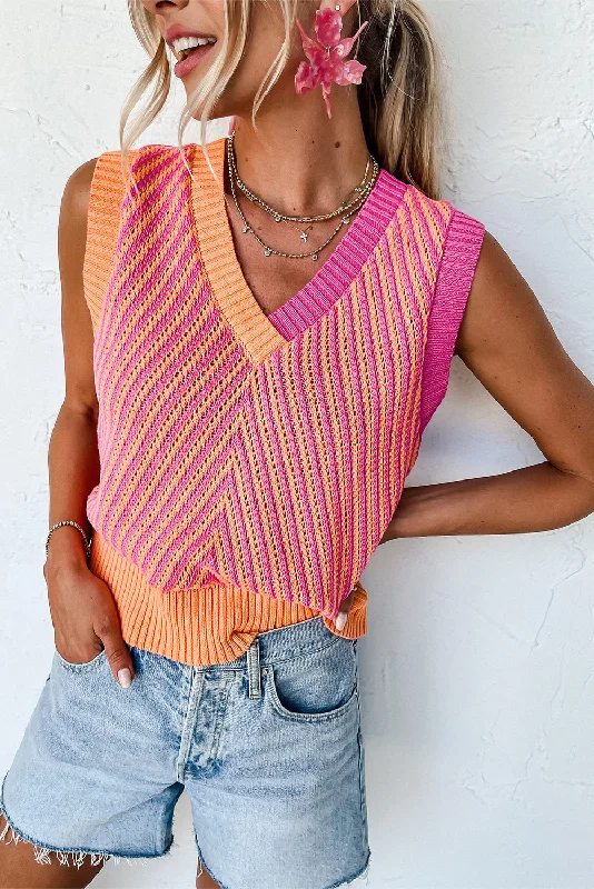 women's tops for statement-making outfitsContrast Chevron Knit V Neck Sweater Vest