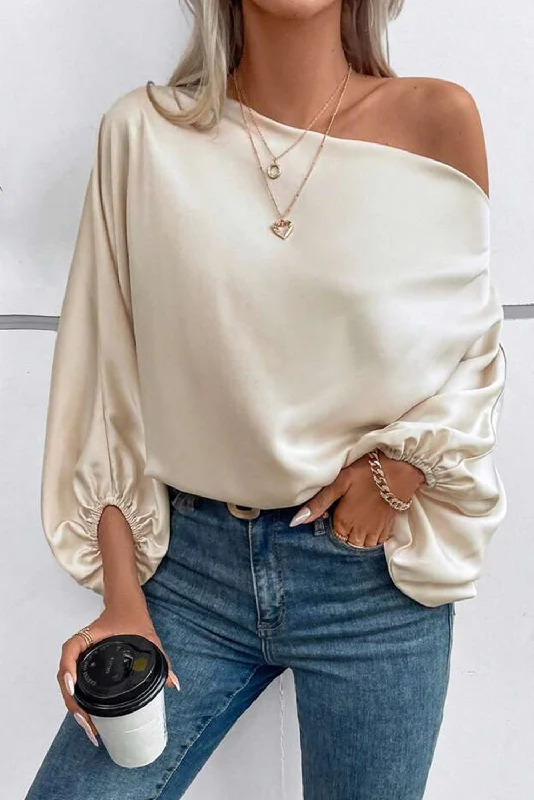 women's tops in solid colorsAsymmetrical Neck Balloon Sleeve Satin Blouse