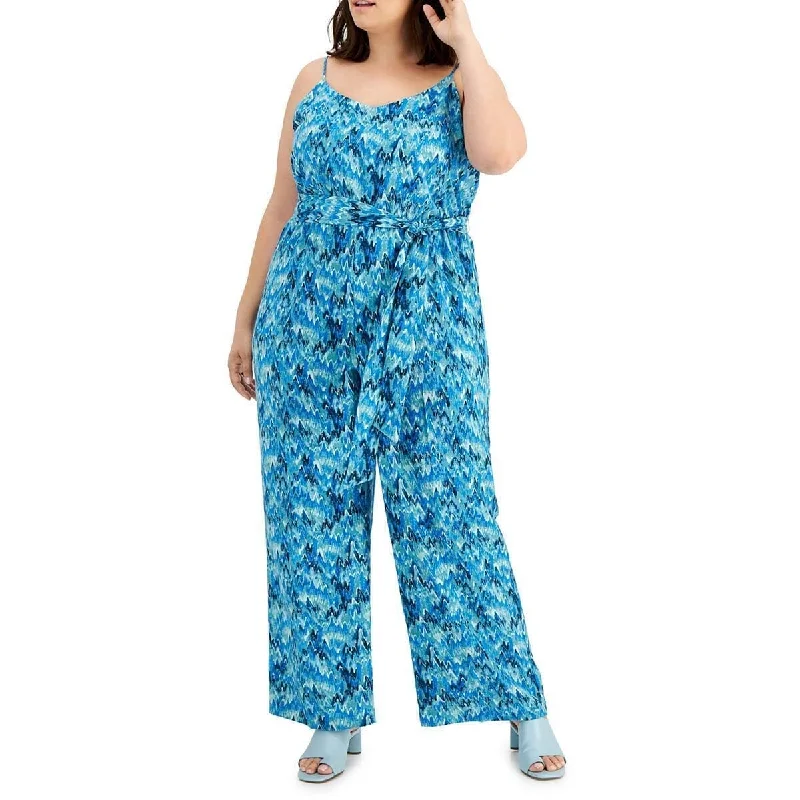 women's jumpsuits with self-ties at the waistBar Iii Women's Plus V Neck Printed Jumpsuit Blue Size 1X