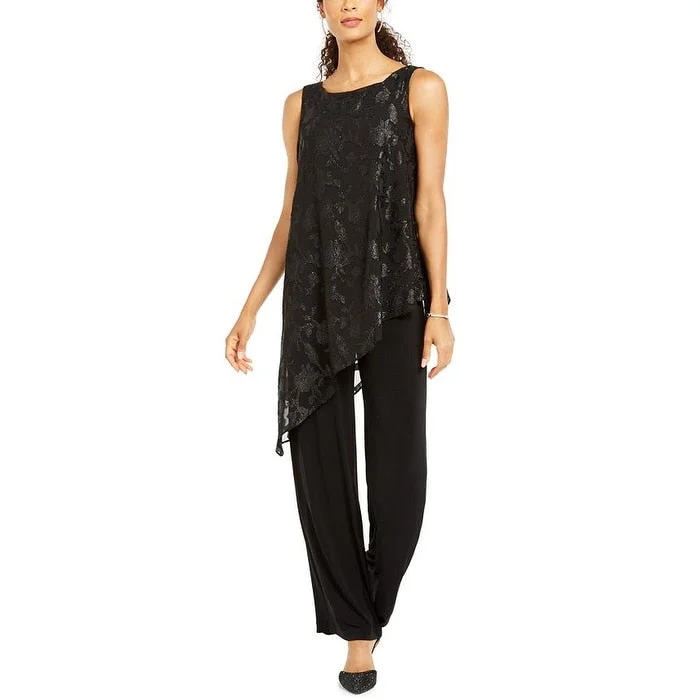 women's jumpsuits with rufflesConnected Women's Asymmetrical Overlay Jumpsuit Black Size 12