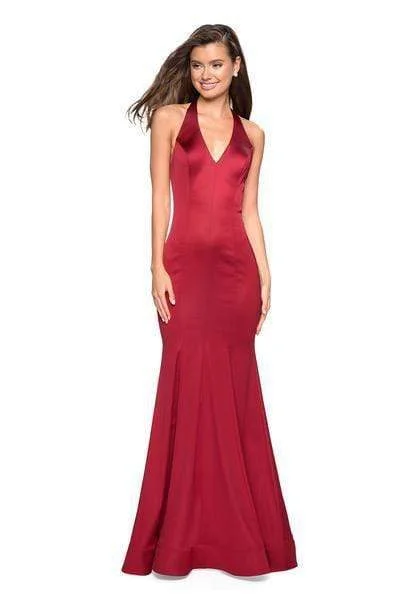 women's made-to-order dressesLa Femme - Plunging Halter Trumpet Evening Dress 27653SC - 2 pcs Red In Size 6  and 8 Available