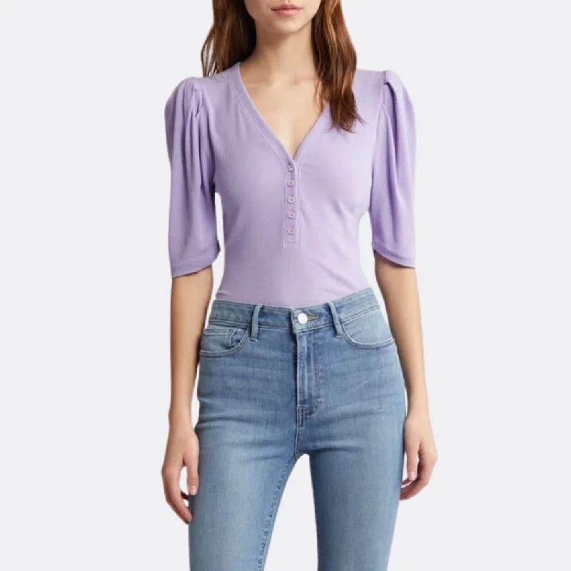 women's tops with beading accentsRib Ruched SS Henley (Lilac)