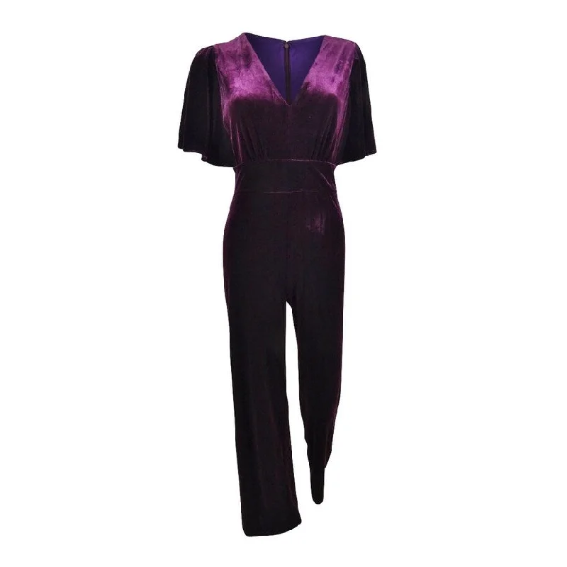 women's fitted jumpsuitsDKNY Women's Velvet Flutter Sleeve Jumpsuit (2, Aubergine)