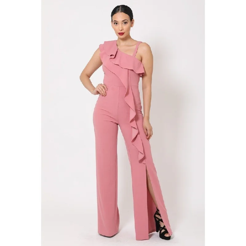 women's jumpsuits with buttonsDark Mauve One Shoulder Ruffle Jumpsuit