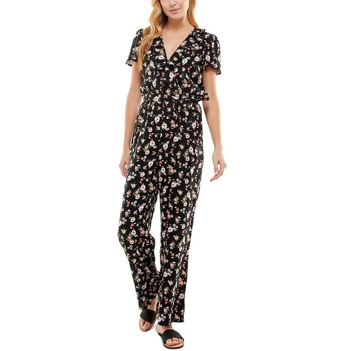 women's jumpsuits with buttonsKingston Juniors' Ruffled Floral Print Jumpsuit Black Size X-Small