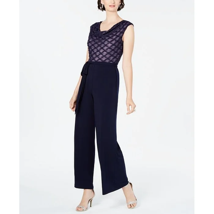 women's jumpsuits with checkered designsConnected Women's Glitter Illusion Wide Leg Jumpsuit Navy Size 6