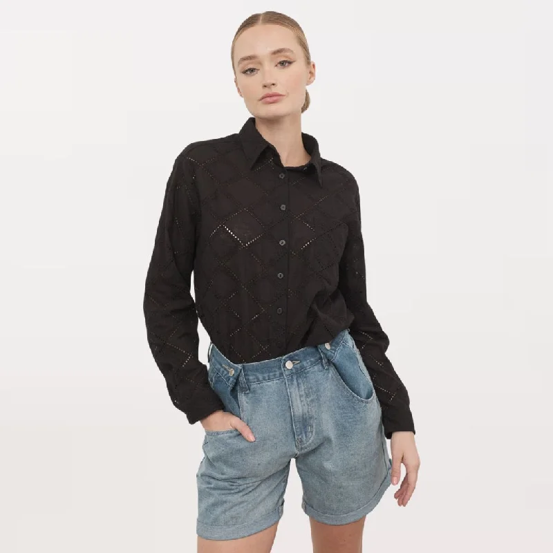 women's tops for those who want to show off their figure in a flattering wayEyelet Embroidered Button Down (Black)