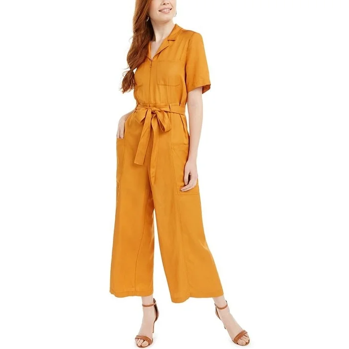 women's jumpsuits for bohemian chicFrench Connection Women's Enzo Drape Belted Jumpsuit Yellow Size 4