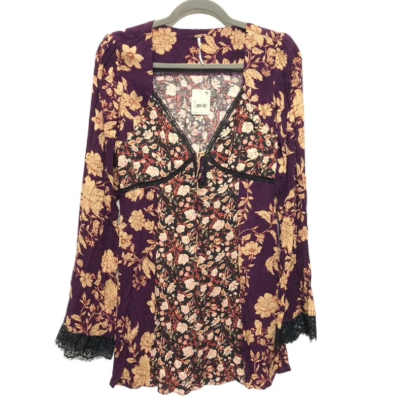 women's long sleeve tops with floral printsTunic Long Sleeve By Free People In Black & Purple, Size: S