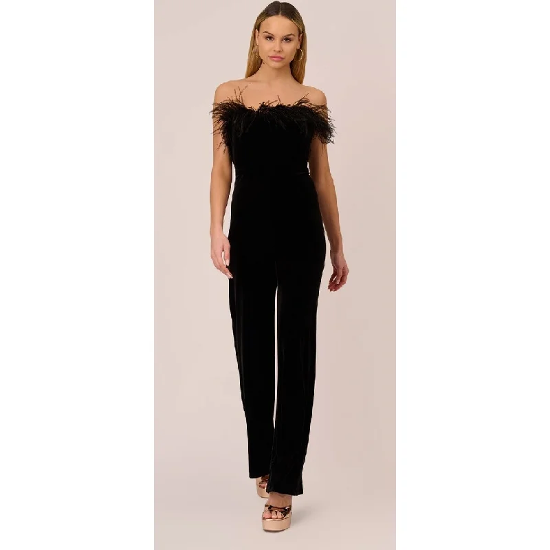 women's jumpsuits for beach outingsAidan By Aidan Mattox Women's Strapless Feather Trim Velvet Jumpsuit Black Size -size-