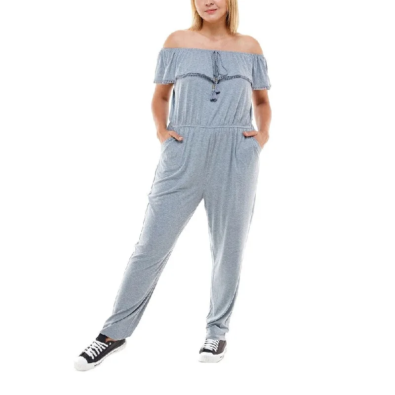 women's jumpsuits for eco-friendly choicesPlanet Gold Women's Stretch Pocketed Tie Ruffled Crochet Trim Short Sleeve Off Shoulder Straight Leg Jumpsuit Gray Size 2X