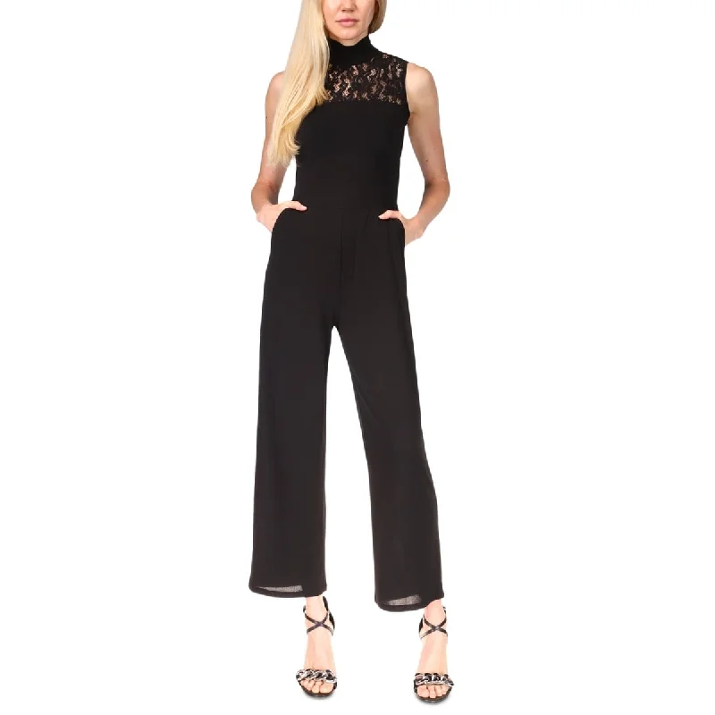 women's jumpsuits with solid colorsMichael Kors Women's Lace Yoke Mock Neck Jumpsuit Black Size Large