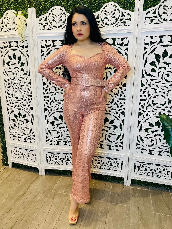 women's jumpsuits made of laceDANCINGS DONE Rose Gold Sequin Jumpsuit w/ Belt