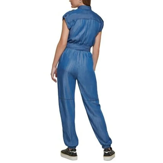 women's jumpsuits for gym sessionsKarl Lagerfeld Paris Women's Belted Utility Jumpsuit Blue Size 8