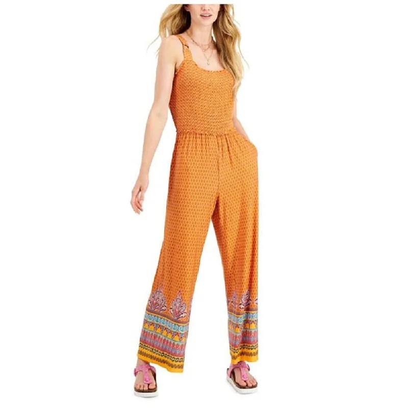 women's jumpsuits with cinched waistsFever Women's Mixed Print Sleeveless Jumpsuit Orange Size Small