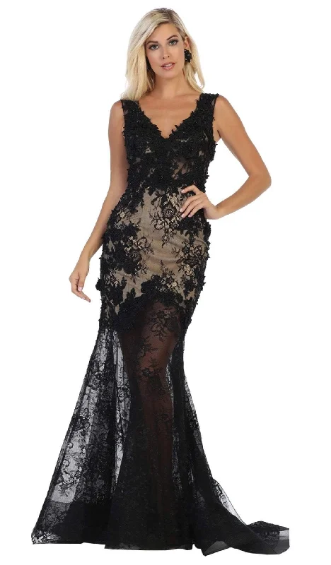 women's vintage dressesMay Queen - RQ7687 Embroidered Sheer Evening Dress