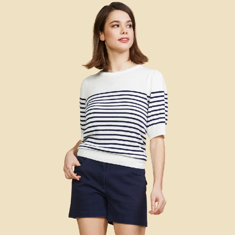 women's tops for those who want to make a bold fashion statement with their choice of topsKnit Stripe Short Sleeve Top (White Navy)