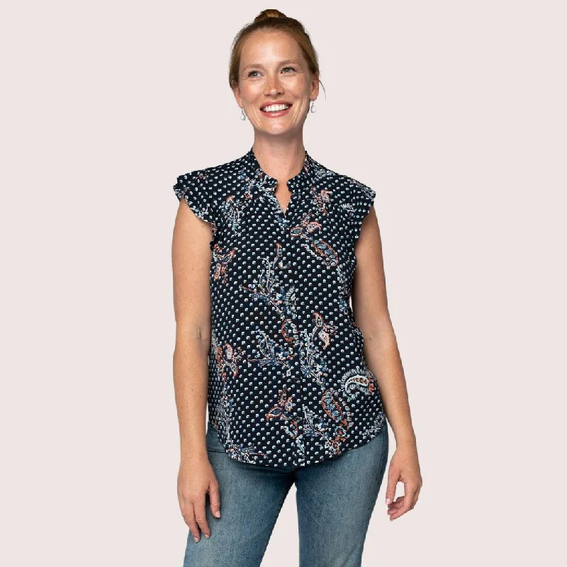 women's tops with cinched waistsReagan Flutter Sleeve Top (Charcoal + Dusty Blue)