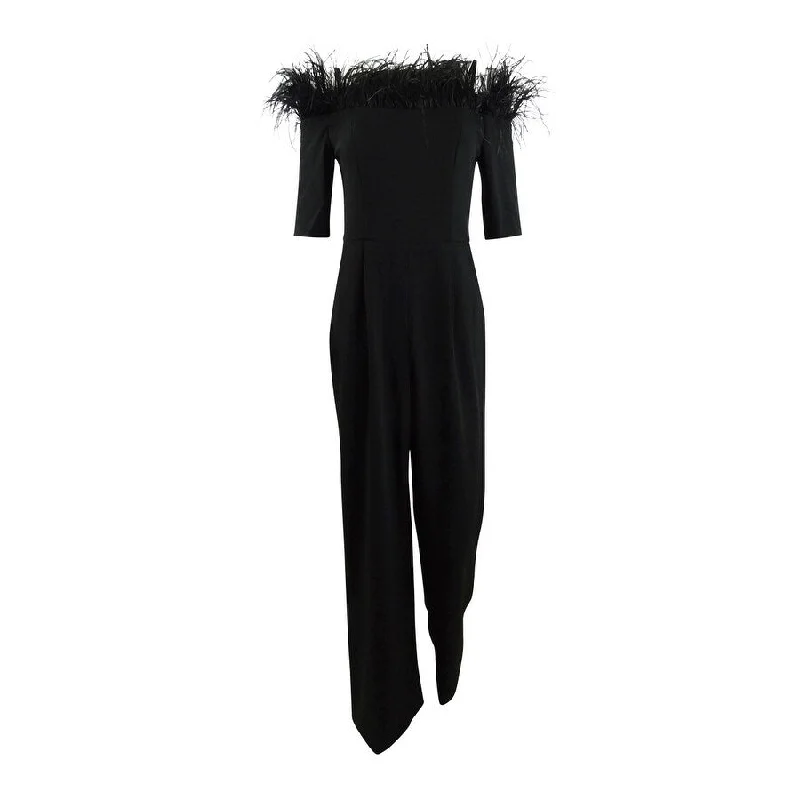 women's jumpsuits for hourglass figuresCalvin Klein Women's Off-The-Shoulder Feather Jumpsuit