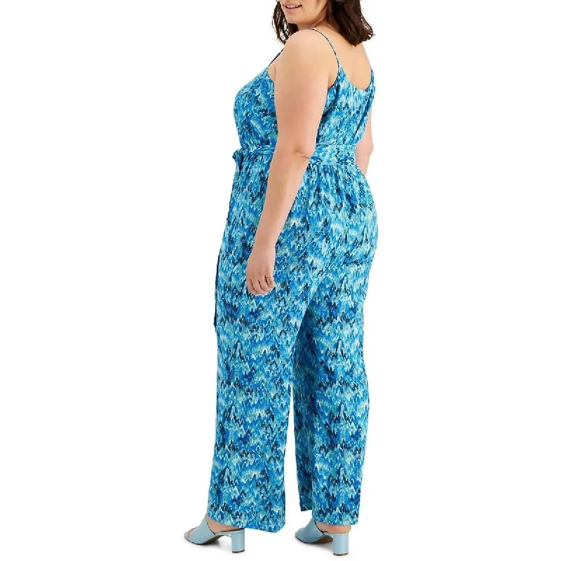 women's jumpsuits for everyday wearBar Iii Women's Plus V Neck Printed Jumpsuit Blue Size 2X