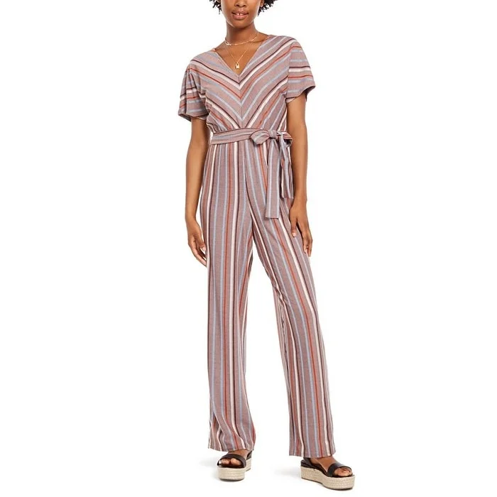 women's jumpsuits with pastel huesCrystal Doll Junior's Multi Stripe Kimono Sleeve Jumpsuit Brown Size Large