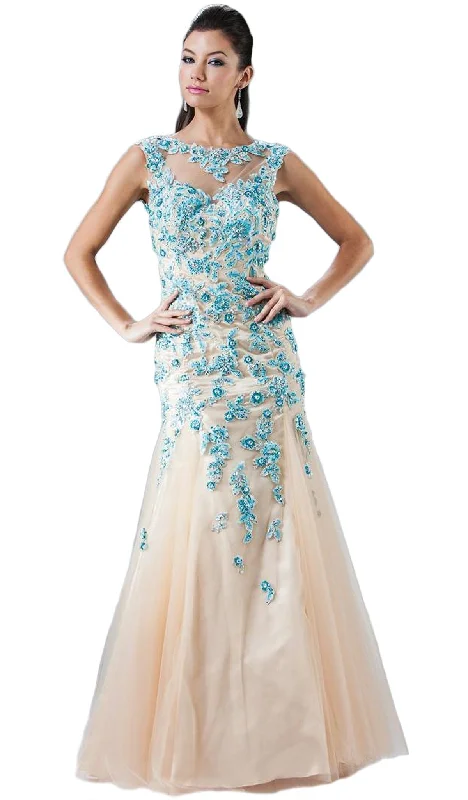 women's velvet dressesCinderella Divine - Sleeveless Floral Embellished Mermaid Evening Gown