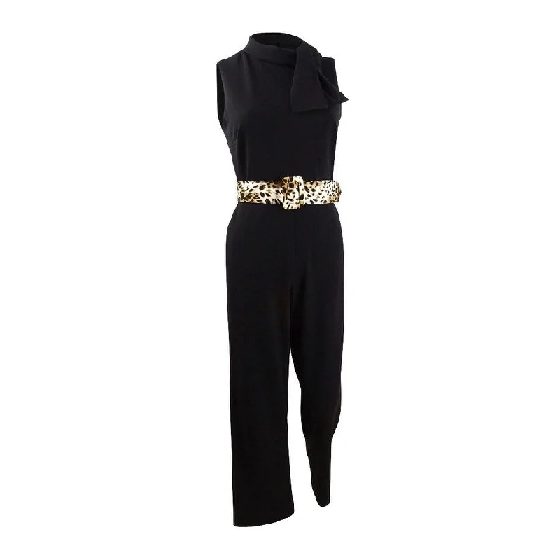 women's jumpsuits for weddingsDKNY Women's Tie Neck Leopard Belt Jumpsuit