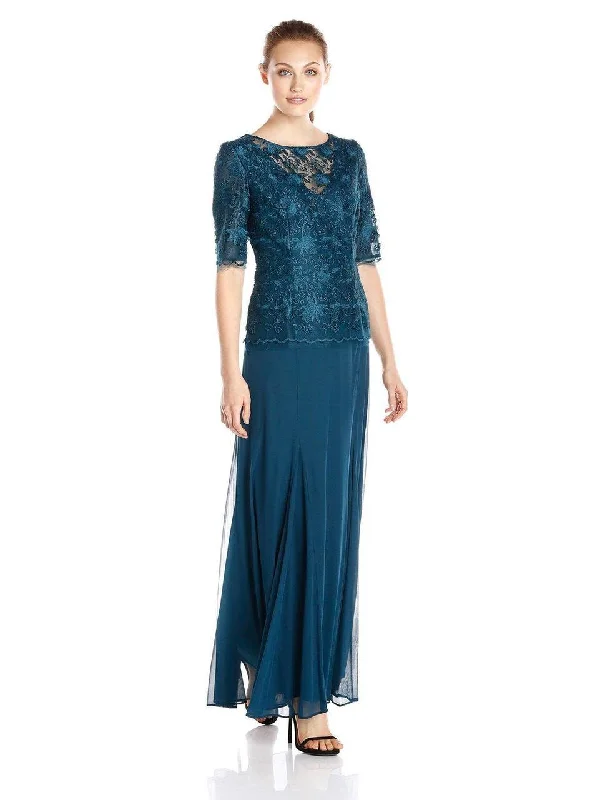 women's lace-up dressesAlex Evenings - 1121043SC Sheer Lace Short Sleeves Long Gown