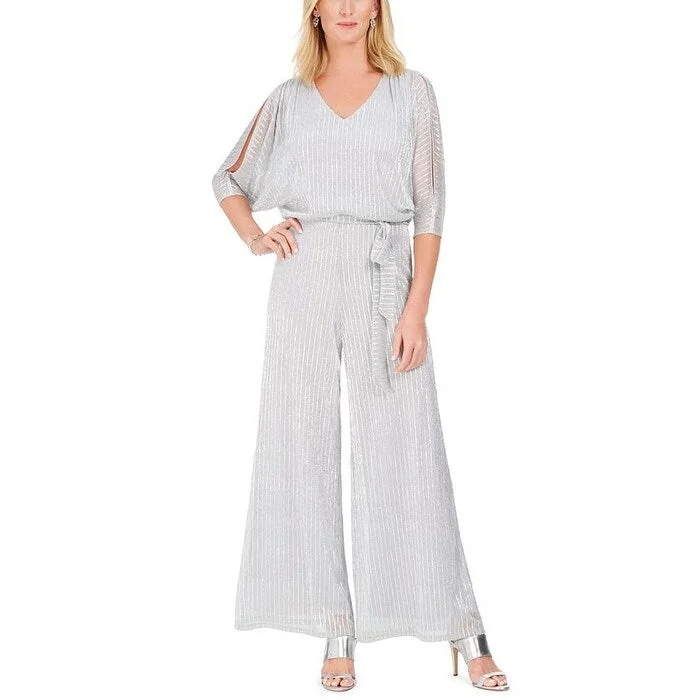 women's jumpsuits with striped patternsMsk Women's Cut Out Metallic 3/4 Sleeve V Neck Blouse Wide Leg Formal Jumpsuit Gray Size 6